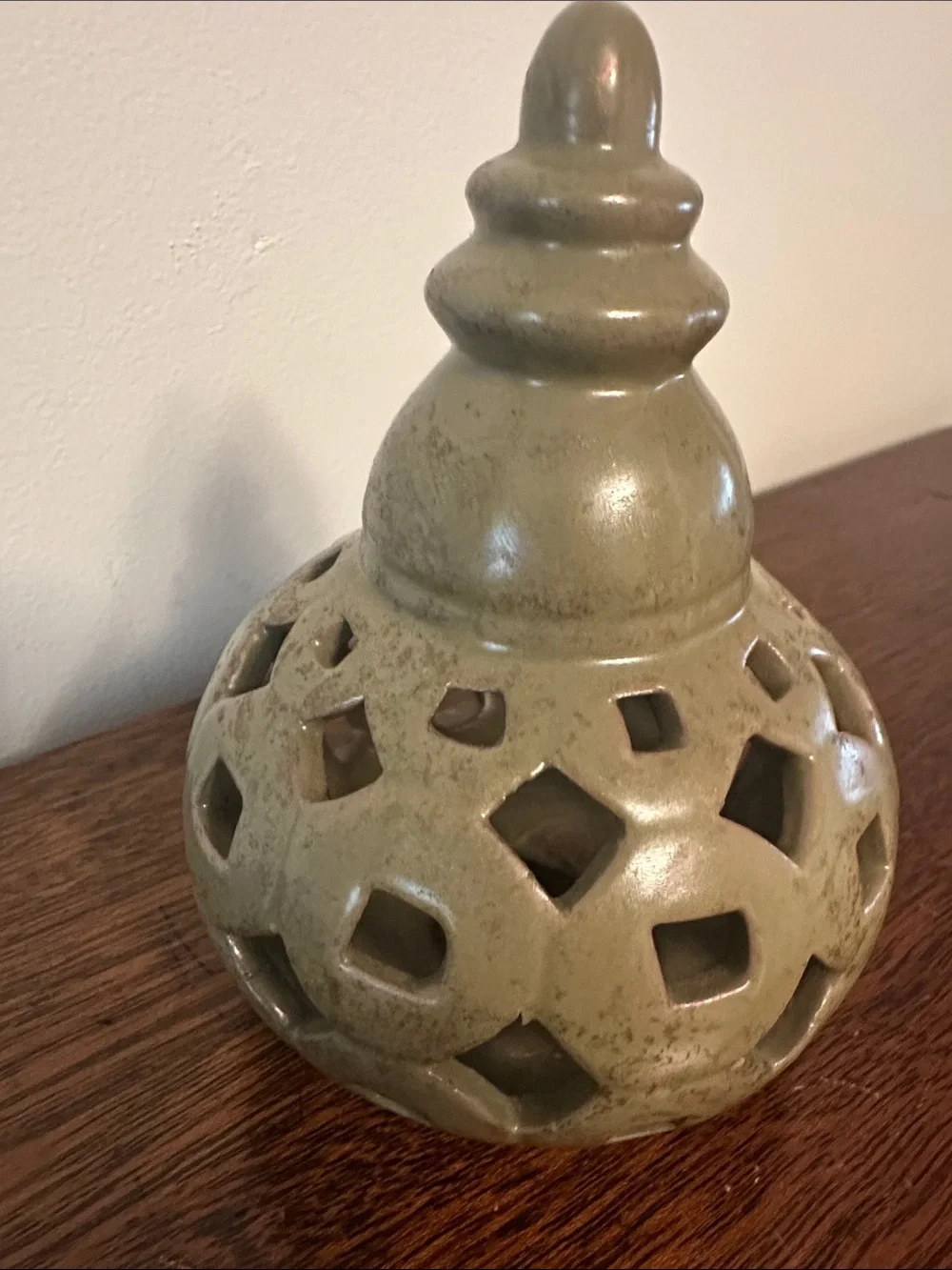 Decorative Lattice Ceramic Jar in Olive Green